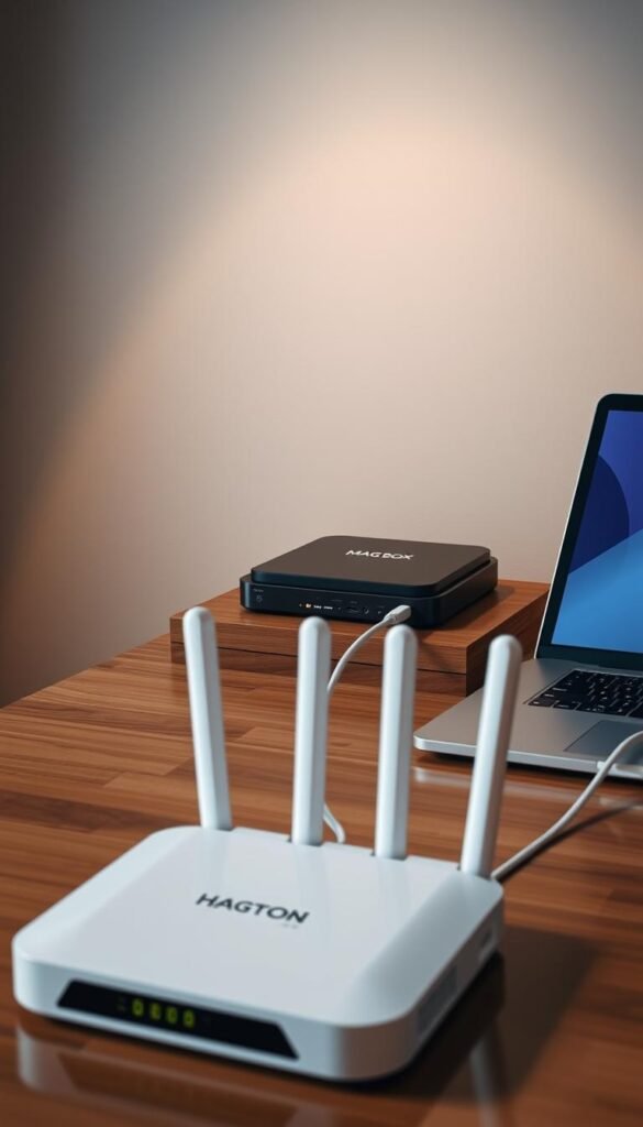 A modern, sleek Mag Box IPTV device sitting atop a wooden table, with a laptop and a Hoxtoon Provider router in the foreground. The Mag Box is connected to the router via an ethernet cable, demonstrating the WiFi setup and network configuration. Soft, diffused lighting illuminates the scene, creating a warm and inviting atmosphere. The background features a minimalist, neutral-toned wall, allowing the technology to take center stage. The overall composition emphasizes the ease and simplicity of the Mag Box IPTV setup, showcasing its integration with the Hoxtoon Provider network.