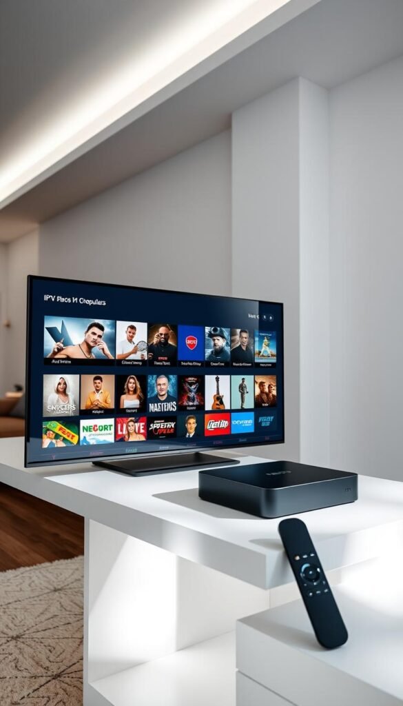 A modern, sleek Mag box displaying a grid of popular IPTV channels from the Hoxtoon Provider. The screen showcases a diverse selection of live TV, movies, and sports channels, all rendered in vibrant 4K resolution. The Mag box is positioned on a minimalist white table, surrounded by a softly lit, modern interior with clean lines and neutral tones. A subtle radiance emanates from the device, highlighting its advanced capabilities. The overall scene conveys the ease and convenience of accessing a vast IPTV library through the Hoxtoon Provider's cutting-edge Mag box solution. A modern, sleek Mag box displaying a grid of popular IPTV channels from the Hoxtoon Provider. The screen showcases a diverse selection of live TV, movies, and sports channels, all rendered in vibrant 4K resolution. The Mag box is positioned on a minimalist white table, surrounded by a softly lit, modern interior with clean lines and neutral tones. A subtle radiance emanates from the device, highlighting its advanced capabilities. The overall scene conveys the ease and convenience of accessing a vast IPTV library through the Hoxtoon Provider's cutting-edge Mag box solution.