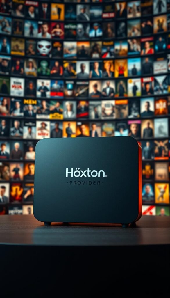 A modern, sleek Mag box with the Hoxtoon Provider logo prominently displayed on the front panel. The box is set against a backdrop of a vast, cinematic library filled with movie posters and TV show thumbnails, creating a sense of an expansive media collection. Soft, warm lighting illuminates the scene, casting a cozy, inviting atmosphere. The composition emphasizes the Mag box as the centerpiece, surrounded by the immense Hoxtoon video-on-demand library, conveying the idea of unlimited entertainment at the user's fingertips.
