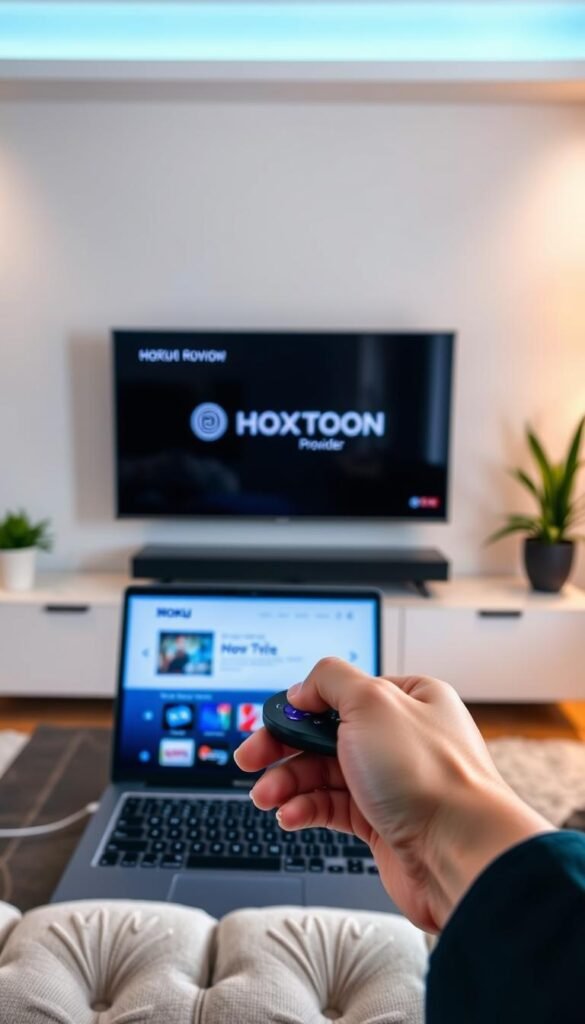A modern, sleek Roku TV screen mirroring a laptop display, showcasing the Hoxtoon Provider IPTV service. The TV screen is surrounded by a minimalist entertainment center, with clean lines and warm lighting. In the foreground, a hand holds a Roku remote, navigating the IPTV interface. The background features a cozy living room setting, with a plush sofa and plants, creating a welcoming atmosphere for enjoying streaming entertainment.