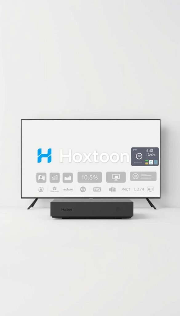 A modern, sleek, and minimalist digital service interface showcasing the "Hoxtoon Provider" brand. In the foreground, a stylized logo and text display the service name against a clean white background. The middle ground features various IPTV-related icons, charts, and visual indicators, conveying the advanced features and performance of the platform. In the background, a subtle grid pattern or geometric shapes adds depth and a tech-forward aesthetic. The overall composition emphasizes the professionalism, reliability, and user-friendliness of the Hoxtoon IPTV service, suitable for a premium American streaming solution.