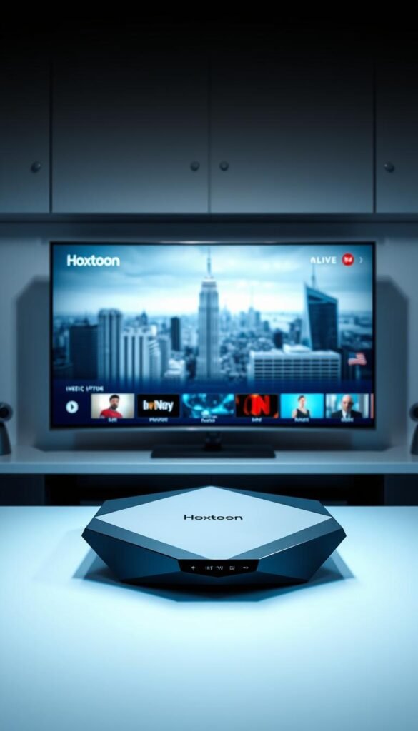 A modern, sleek and visually appealing image of the "Hoxtoon Provider" IPTV service. The scene depicts a high-tech media hub with a clean, minimalist design. In the foreground, a state-of-the-art set-top box or streaming device takes center stage, its angular lines and glossy finish reflecting the sophisticated nature of the service. The middle ground showcases a minimalist user interface displaying a diverse selection of live TV channels and on-demand content, conveying the breadth of the Hoxtoon offering. The background features a subtly blurred cityscape, hinting at the global reach and connectivity of the IPTV platform. The overall composition and lighting create a sense of modernity, efficiency and reliability, reflecting the Hoxtoon brand as a leading IPTV provider in America.