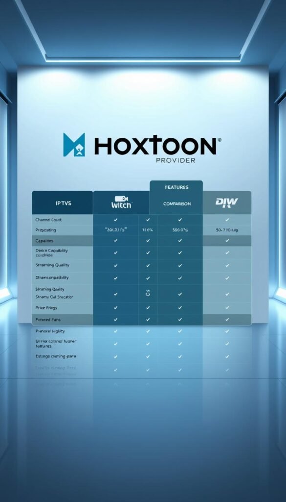 A modern, sleek comparison chart showcasing the key features and capabilities of the Hoxtoon Provider IPTV service alongside its top competitors. The chart is set against a backdrop of a minimalist tech-inspired environment, with clean lines, subtle gradients, and a cool color palette. The Hoxtoon Provider logo is prominently displayed, while the competing services are represented by their own distinct branding. The chart itself is neatly organized, highlighting metrics such as channel count, device compatibility, streaming quality, and pricing in a clear, easy-to-digest format. The overall scene conveys a sense of professionalism, authority, and consumer-focused insight, effectively illustrating the comparative analysis of the top IPTV providers.