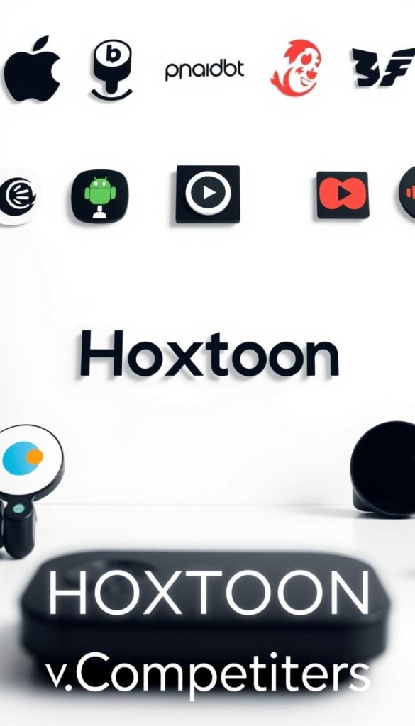 A modern, sleek comparison of leading streaming service providers, featuring the Hoxtoon Provider prominently in the foreground. The image has a clean, minimalist aesthetic with a white background, allowing the services to be the focal point. The Hoxtoon Provider logo is displayed clearly, surrounded by icons or logos of its competitors arrayed around it, creating a sense of visual hierarchy. The composition is balanced, with a slightly elevated perspective to create depth and emphasize the Hoxtoon Provider's central position. Soft, directional lighting casts subtle shadows, giving the image a sense of dimensionality. The overall mood is professional, informative, and visually appealing, perfectly suited to illustrate the "HOXTOON vs. Competitors" section of the article.