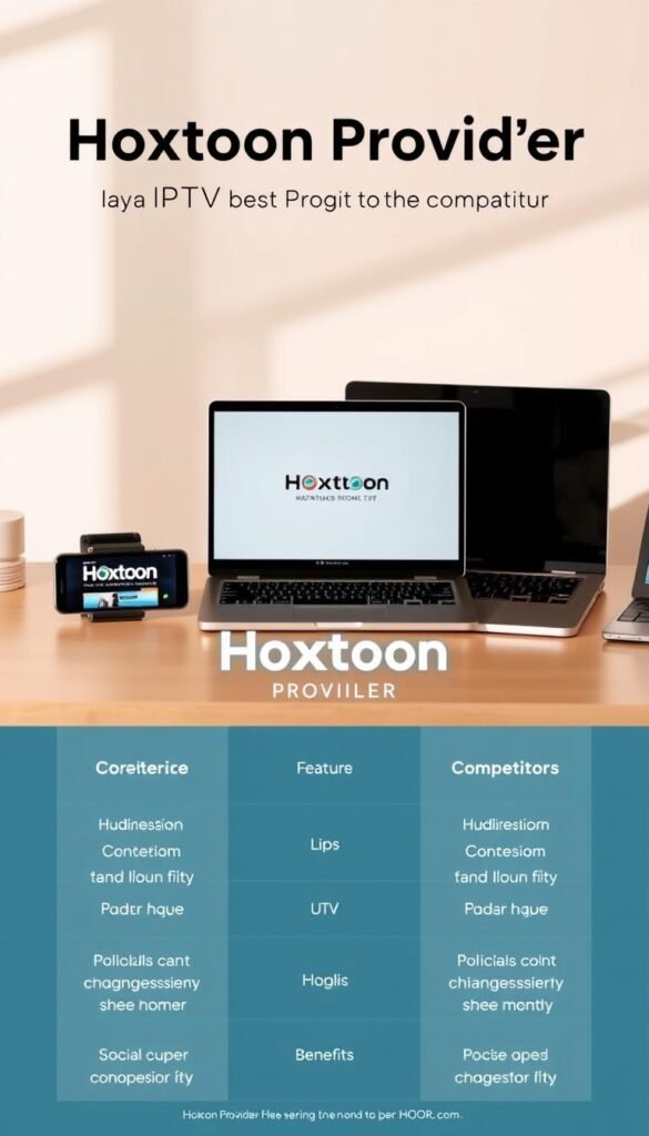 A modern, sleek comparison of the Hoxtoon Provider IPTV service against its competitors. The scene depicts a stylish, minimalist workspace with a laptop, smartphone, and tablet showcasing the Hoxtoon service's features and benefits. The lighting is soft and natural, with a warm color palette creating a professional, yet inviting atmosphere. The background features subtle, geometric patterns to represent the technological nature of the subject. The Hoxtoon Provider brand name is prominently displayed, highlighting its position as the focus of the comparison. The overall composition conveys a sense of authority, clarity, and the superiority of the Hoxtoon IPTV offering.
