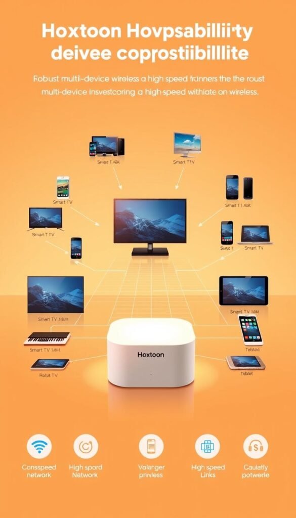 A modern, sleek device compatibility diagram showcasing the Hoxtoon Provider platform. In the foreground, a central Hoxtoon device with clean, minimalist design, glowing with a soft, warm light. Radiating outward, various contemporary consumer electronics like smart TVs, tablets, and smartphones, each seamlessly connected to the Hoxtoon hub through high-speed wireless links. The middle ground features a subtle grid-like pattern, representing the robust multi-device network infrastructure. The background is a warm, gradient-based color scheme, exuding a sense of harmony and connectivity. Crisp, high-resolution rendering with a professional, technical aesthetic.