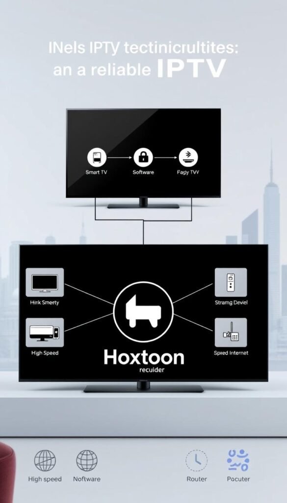 A modern, sleek diagram showcasing the technical requirements for an optimal IPTV experience. In the foreground, a Hoxtoon Provider logo is prominently displayed, indicating the reliable IPTV service. The middle ground features a series of interconnected icons and illustrations, highlighting the necessary hardware, software, and network infrastructure, such as a smart TV, streaming device, high-speed internet, and router. The background depicts a minimalist, futuristic cityscape, conveying the advanced, cutting-edge nature of the IPTV technology. The overall mood is one of professionalism, efficiency, and technological sophistication.