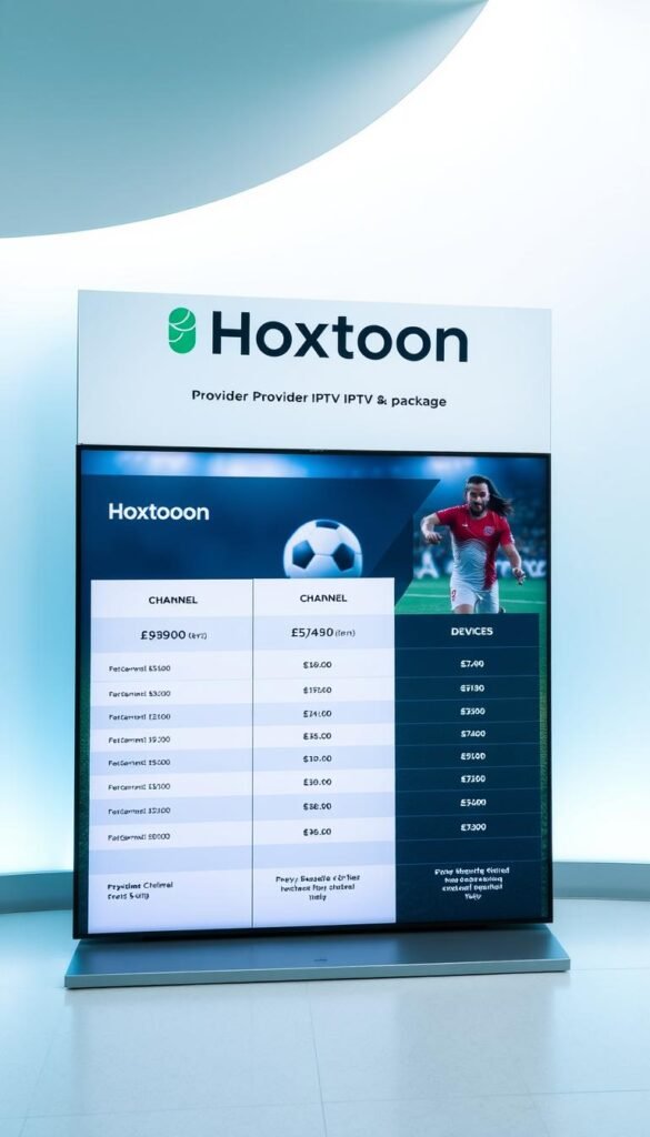A modern, sleek digital display showing the pricing plans for the Hoxtoon Provider IPTV soccer package. The foreground features the Hoxtoon logo and the plan details neatly arranged in a minimalist grid layout, with pricing, channel counts, and device limits clearly presented. The middle ground showcases soccer imagery, such as a ball or players, to reinforce the sports-focused nature of the package. The background has a subtle gradient or pattern, providing a clean, professional look. The lighting is bright and even, with a cool, contemporary tone. The overall composition is balanced, highlighting the key information in an easy-to-digest manner.