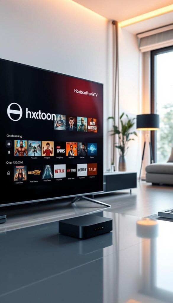 A modern, sleek home entertainment setup showcasing an ultra-high-definition IPTV service interface. In the foreground, a state-of-the-art smart TV displays the "Hoxtoon Provider" brand, featuring an intuitive on-demand content library with over 150,000 titles. The middle ground depicts a minimalist entertainment center with a modern streaming device, while the background shows a stylish living room with warm lighting and large windows providing a cozy ambiance. The composition highlights the vast content selection and seamless streaming experience of the premium IPTV service.