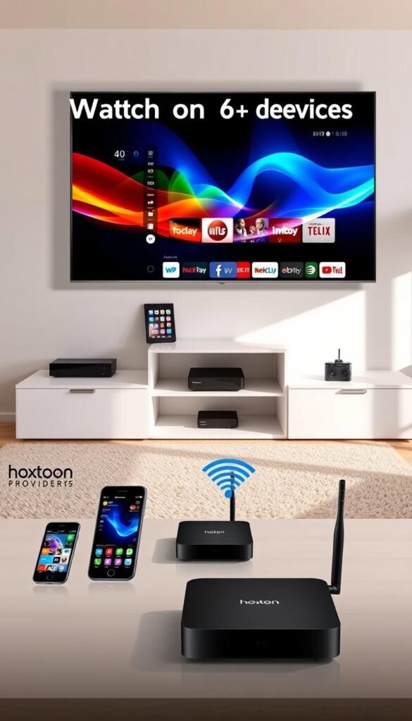 A modern, sleek home entertainment setup showcasing the multi-device compatibility of the Hoxtoon Provider. In the foreground, a high-end smart TV displays a vibrant, immersive IPTV interface. Beside it, various devices like a smartphone, tablet, and streaming box seamlessly connect to the Hoxtoon service, illustrating the flexibility to watch on 6+ devices. The middle ground features a minimalist media cabinet housing the Hoxtoon set-top box, Wi-Fi router, and other peripherals. The background is a warm, inviting living room with large windows letting in natural light, creating a sense of openness and connectivity. The overall scene conveys the Hoxtoon Provider's dedication to delivering a comprehensive, high-quality IPTV experience across multiple platforms.