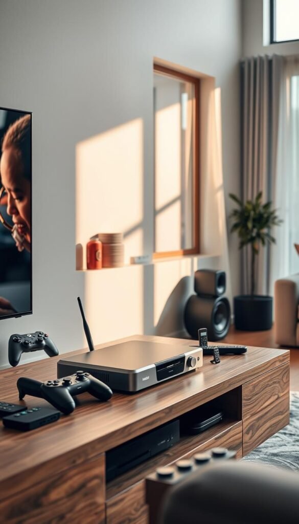 A modern, sleek home entertainment setup with a Hoxtoon Provider IPTV streaming device prominently displayed on a minimalist wooden entertainment center. The device is surrounded by a variety of media including remote controls, game controllers, and other accessories, all in a warm, inviting living room setting with natural lighting filtering in through large windows. The overall atmosphere conveys the convenience and endless entertainment options provided by a premium IPTV service.