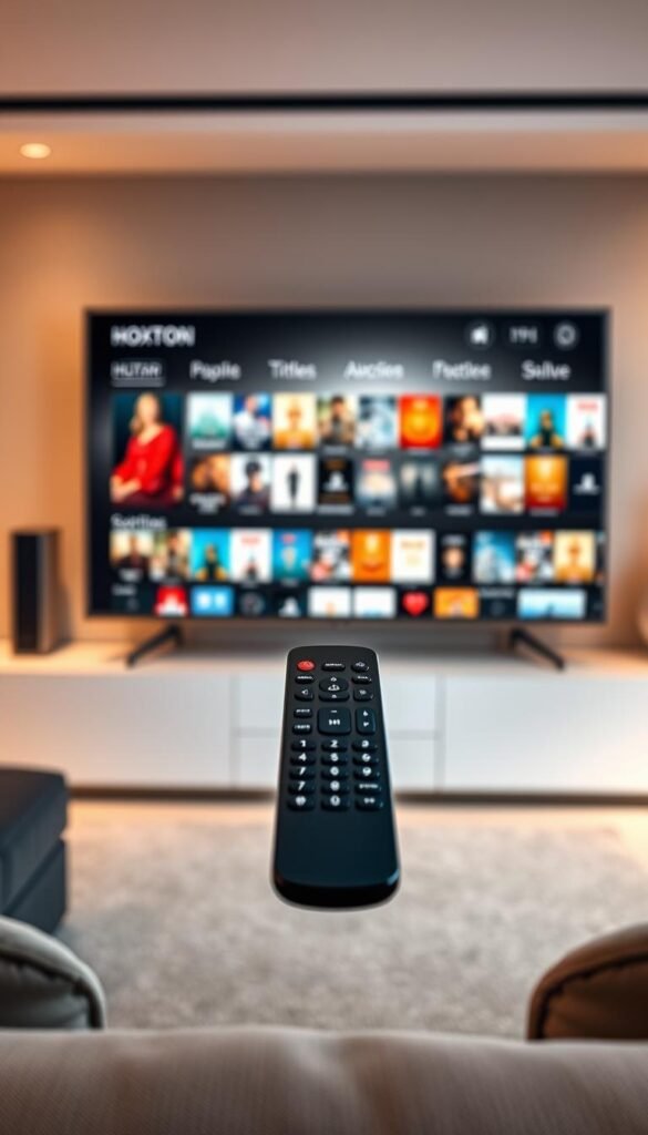 A modern, sleek home entertainment system with the Hoxtoon Provider IPTV interface displayed on a large, high-definition TV screen. In the foreground, a minimalist remote control hovers, suggesting the seamless user experience. The middle ground showcases a vast library of on-demand titles, ranging from the latest blockbusters to classic films, all readily accessible. The background features a subtle, gradient-based environment, conveying a sense of endless entertainment possibilities. Warm, balanced lighting and a cinematic depth of field create an immersive, cinematic atmosphere.