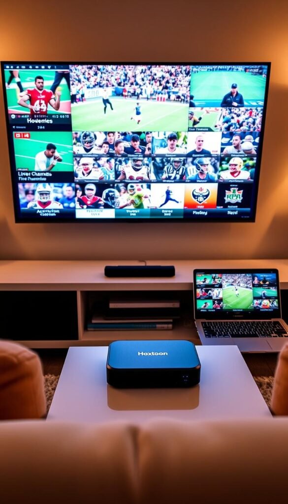 A modern, sleek home media setup displaying a variety of live sports channels on several high-definition screens. The setup includes a Hoxtoon Provider media box, a smart TV, and a laptop or tablet, all showcasing various sports events and team logos. The lighting is warm and inviting, creating a cozy, comfortable atmosphere perfect for enjoying the games. The composition features a balanced, symmetrical layout, with the Hoxtoon Provider branding prominently displayed. The overall scene conveys the ease and convenience of accessing a wide range of free IPTV sports channels through the Hoxtoon Provider service.