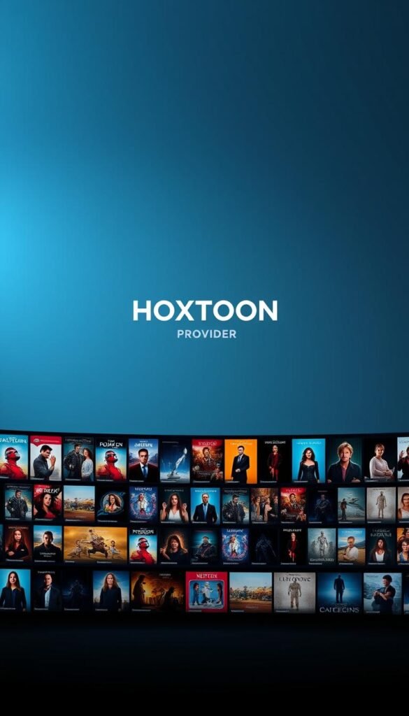 A modern, sleek interface showcasing the expansive HOXTOON VOD Collection, the ultimate on-demand entertainment hub. In the foreground, rows of movie and TV show thumbnails in a clean, grid-like layout, inviting exploration. The middle ground features the HOXTOON Provider logo prominently displayed, conveying a sense of quality and reliability. The background subtly blends shades of blue and gray, creating a professional, high-tech atmosphere. Lighting is soft and even, with a touch of dramatic contrast to highlight the content. The composition is balanced, drawing the viewer's eye seamlessly through the layers of the image.