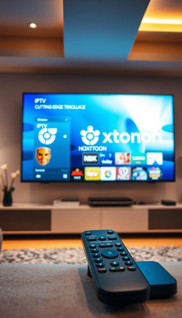 A modern, sleek interior with a large HDTV display showcasing a dynamic IPTV streaming service interface. The Hoxtoon Provider logo is prominently featured, highlighting its cutting-edge technology. The room is bathed in a warm, ambient lighting, creating a cozy and inviting atmosphere. In the foreground, a stylish remote control and smart home devices are artfully arranged, emphasizing the seamless integration of IPTV into the connected home. The overall scene conveys the convenience, versatility, and entertainment value of a robust IPTV streaming service.