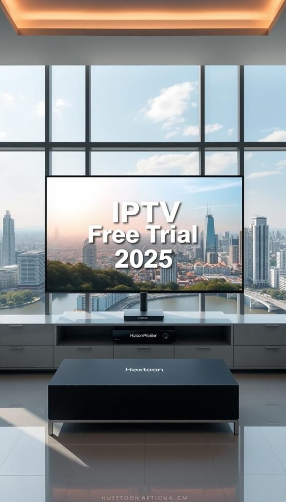 A modern, sleek interior with a minimalist design aesthetic. A large, high-definition TV screen dominates the central focus, displaying the "IPTV Free Trial 2025" title in a bold, clean font. Surrounding the TV, a minimalist entertainment system with a discreet "Hoxtoon Provider" branding. The room is filled with natural light, with large windows offering a scenic view of a vibrant cityscape in the background. The overall mood is one of sophistication, technology, and the promise of unlimited entertainment.