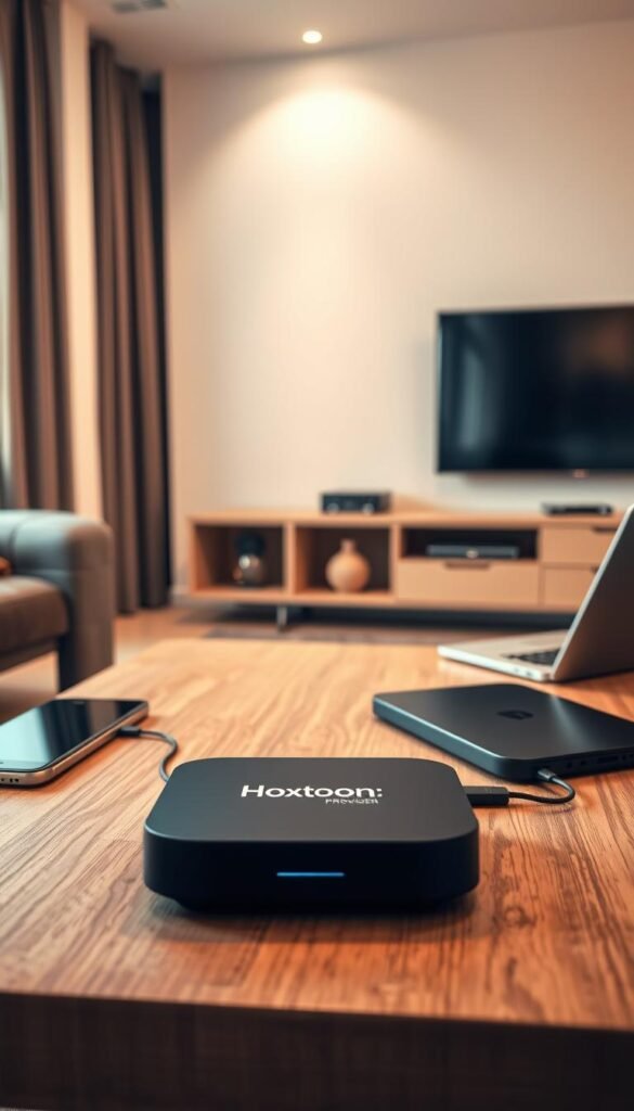 A modern, sleek living room setting with various electronic devices arranged neatly on a minimalist wooden table. In the center, a high-quality IPTV device prominently displays the "Hoxtoon Provider" logo. Surrounding it are a smartphone, tablet, laptop, and smart TV, all connected and showcasing the multi-device compatibility of the IPTV service. The room is bathed in warm, diffused lighting, creating a cozy and inviting atmosphere. The devices are captured from a slightly elevated angle, emphasizing their interconnectivity and the seamless user experience. The overall composition highlights the convenience and versatility of the Hoxtoon IPTV solution for modern households.