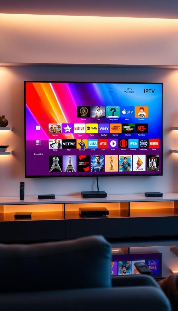 A modern, sleek living room setup with a large, high-definition TV screen displaying a vibrant array of IPTV channels. The TV is flanked by minimalist shelving units housing various streaming devices and remotes, hinting at the versatility of the Hoxtoon Provider IPTV service. Warm, indirect lighting illuminates the scene, creating a cozy and inviting atmosphere. The overall composition conveys a sense of technological sophistication and the convenience of on-demand entertainment.