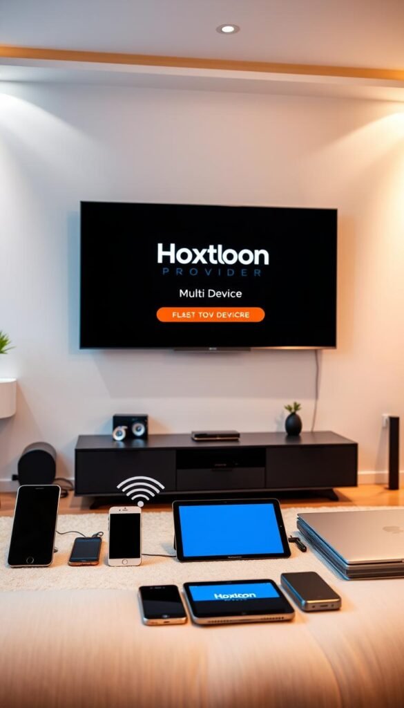 A modern, sleek living room with a large TV mounted on the wall. On the TV screen, the Hoxtoon Provider logo is prominently displayed, indicating multi-device compatibility. In the foreground, various smart devices such as smartphones, tablets, and laptops are arranged neatly, connected to the TV through seamless wireless connections. The room is well-lit, with soft, indirect lighting that creates a warm and inviting atmosphere. The overall scene conveys a sense of technological sophistication and the ease of streaming content across multiple devices simultaneously.