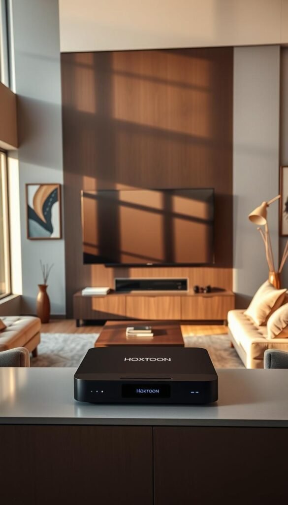 A modern, sleek living room with a large flatscreen TV mounted on the wall. In the foreground, a high-end media box labeled "Hoxtoon Provider" sits on a minimalist entertainment center, showcasing its premium IPTV service. The room is bathed in warm, natural lighting from large windows, creating a cozy, inviting atmosphere. The walls are decorated with abstract art pieces, and a plush, comfortable sofa sits in the middle of the space. The overall scene conveys a sense of luxury, convenience, and technological sophistication, perfectly capturing the value proposition of the Hoxtoon IPTV service compared to traditional cable.