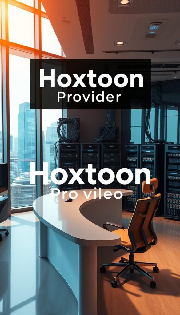 A modern, sleek office interior with a prominent branding display of "Hoxtoon Provider" in a clean, bold font. The foreground features a large, curved desk with a state-of-the-art computer setup and a comfortable ergonomic chair. The middle ground showcases an array of advanced networking equipment, cables, and server racks, conveying the technological prowess of the IPTV service. The background depicts floor-to-ceiling windows overlooking a vibrant cityscape, bathed in warm, natural lighting that creates a professional, high-tech atmosphere. The overall composition exudes a sense of efficiency, innovation, and a commitment to delivering premium IPTV services.