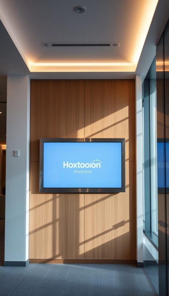 A modern, sleek office interior with a prominently featured IPTV subscription screen displaying the Hoxtoon Provider brand logo. The screen is mounted on a minimalist, brushed metal wall frame, casting a soft glow across the space. The lighting is balanced, with a mix of natural sunlight filtering through large windows and subtle, recessed overhead lighting. The room features a clean, uncluttered design with a muted color palette of grays, whites, and warm wood tones. The atmosphere conveys a sense of professionalism, innovation, and legal compliance.