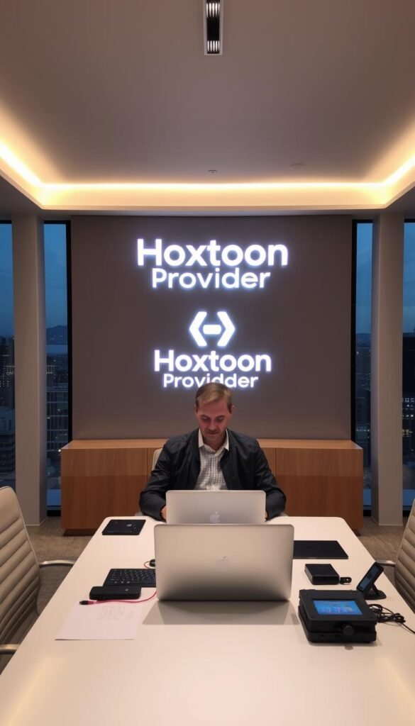 A modern, sleek office interior with large windows overlooking a cityscape. In the center, a well-designed desk with a laptop, tablet, and other tech accessories. Behind the desk, the Hoxtoon Provider logo is prominently displayed on the wall, illuminated by soft, indirect lighting. In the foreground, a person in a casual yet professional outfit is seated at the desk, interacting with the devices. The scene conveys a sense of productivity, innovation, and the reliable, high-quality IPTV services offered by Hoxtoon Provider.