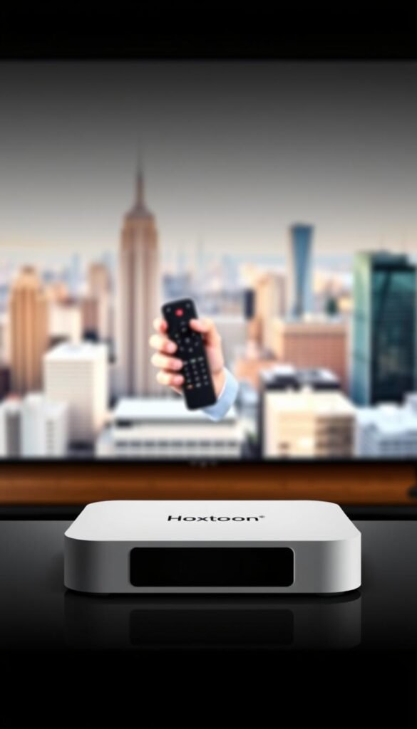 A modern, sleek setup process for the Hoxtoon Provider IPTV service. In the foreground, a high-end streaming device, its minimalist design complemented by a clean white backdrop. The device is positioned prominently, showcasing its intuitive user interface. In the middle ground, a hand holding a remote control, symbolizing the seamless integration between hardware and software. The background features a blurred cityscape, hinting at the global reach and advanced technology powering the Hoxtoon service. Subtle lighting casts a warm glow, conveying a sense of professionalism and reliability. The overall composition is carefully balanced, highlighting the ease and sophistication of the Hoxtoon setup process.