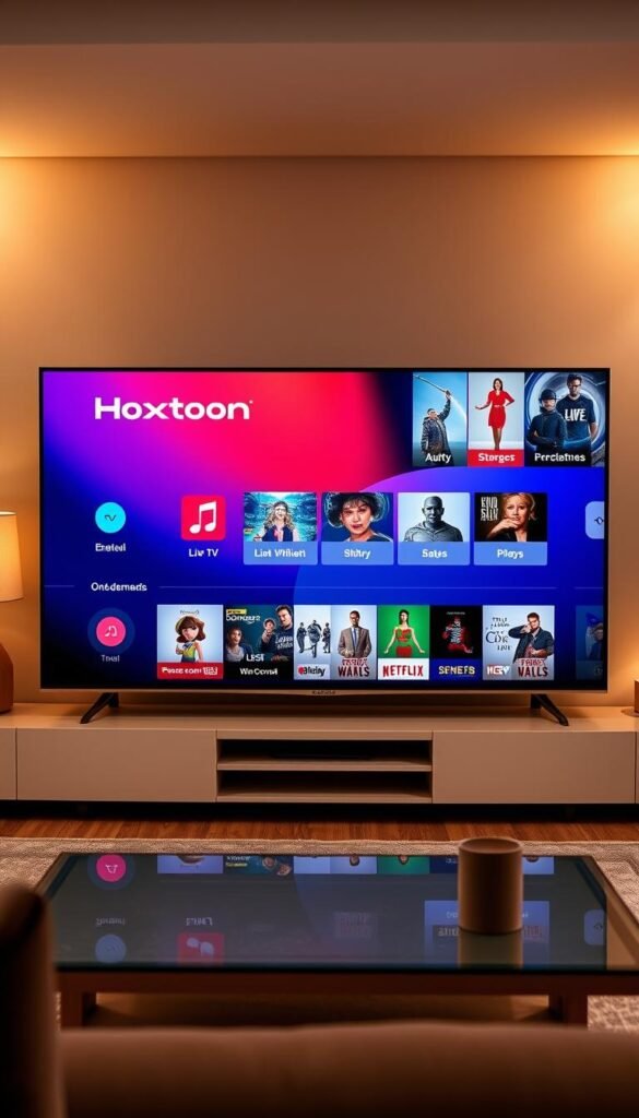 A modern, sleek smart TV display showcasing the user-friendly Hoxtoon Provider interface. The screen presents a clean and intuitive layout, with crisp high-definition visuals and vivid colors. The foreground features a prominent Hoxtoon logo and various content thumbnails, inviting the viewer to browse a vast selection of live TV channels, on-demand shows, and movies. The middle ground depicts a minimalist menu system with clear icons and labels, facilitating seamless navigation. The background subtly evokes a cozy, living room setting, with warm lighting and subtle hints of contemporary decor, creating an immersive and inviting atmosphere for the user's catch-up TV experience.