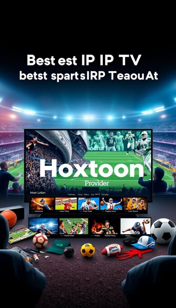 A modern, sleek sports entertainment platform showcasing the "Hoxtoon Provider" brand, set against a backdrop of a dynamic sports arena. In the foreground, a high-resolution display highlights a diverse selection of live sports events, emphasizing the premium sports coverage available. The middle ground features various sports equipment and memorabilia, conveying the passion and enthusiasm of sports fans. The background incorporates subtle lighting effects and a sense of energy, reflecting the excitement and immersive experience of the Hoxtoon platform. The overall composition creates a visually striking and compelling representation of the best IPTV service for sports enthusiasts.