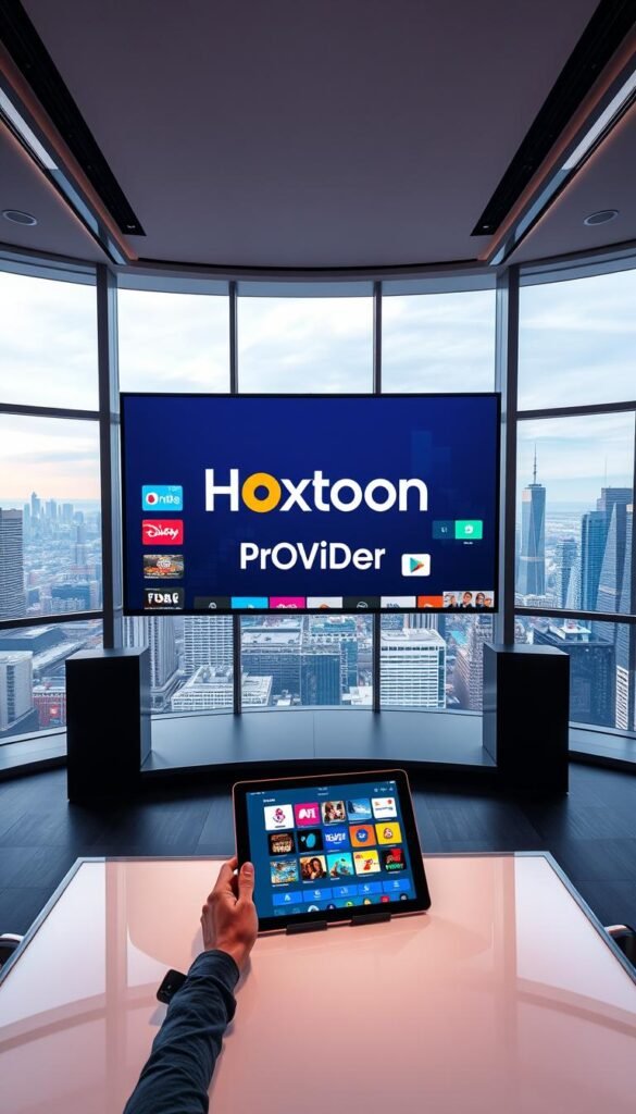 A modern, sleek studio with large windows overlooking a bustling city skyline. In the center, a large display showcases the Hoxtoon Provider logo, prominently featured against a backdrop of colorful channel icons and graphics. The lighting is soft and warm, creating a professional yet inviting atmosphere. In the foreground, a person is seated at a desk, interacting with a tablet showcasing the Hoxtoon Provider interface. The overall scene conveys a sense of technological innovation, high-quality content, and a premier IPTV service.
