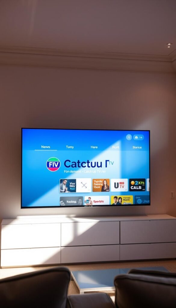 A modern, sleek television display showcasing the "Hoxtoon Provider" logo and interface, depicting an on-demand "Catch Up TV" feature. The scene is illuminated by soft, warm lighting, creating a comfortable and inviting atmosphere. The display is positioned in the center, surrounded by a minimalist, contemporary interior design with subtle textures and neutral tones. The camera angle is slightly elevated, providing a clear view of the screen's content and user-friendly layout, highlighting the convenience and accessibility of the "Catch Up TV" service.
