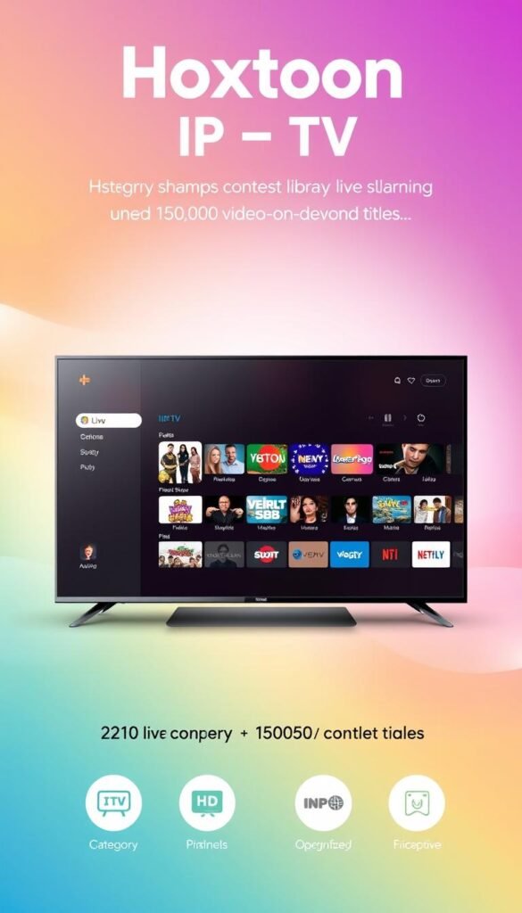 A modern, sleek user interface for the Hoxtoon Provider IPTV service. A large central screen displays a curated selection of live TV channels, with clear category icons and intuitive navigation controls in the foreground. The background features a subtle, gradient-based design with a soft, warm lighting scheme, creating a visually appealing and user-friendly experience. The interface showcases Hoxtoon's robust content library of over 21,000 live channels and 150,000 video-on-demand titles, with a clean and responsive layout optimized for a variety of devices.