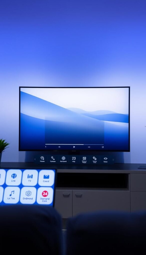 A modern, sleek user interface for the Hoxtoon Provider IPTV service. In the foreground, a clean dashboard with intuitive icons for live TV, on-demand content, and user settings. The middle ground features a large preview window displaying high-quality video, with a minimalist control bar below. In the background, a subtle gradient in the brand's signature blue and white tones, creating a sense of depth and sophistication. Soft, indirect lighting illuminates the scene, giving it a premium, professional appearance. The overall layout is well-balanced, with ample negative space to make the key elements stand out. A user-friendly, visually appealing interface that enhances the Hoxtoon Provider viewing experience.