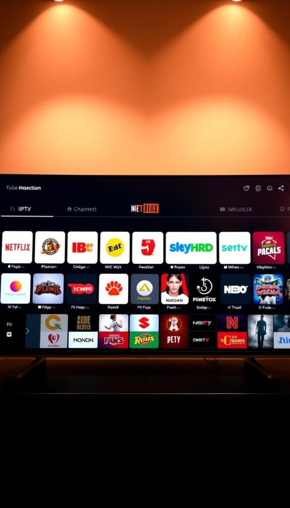 A modern, sleek user interface showcasing the vast IPTV channel selection of the Hoxtoon Provider. In the foreground, a high-resolution display with a grid of channel logos and thumbnails, each presenting a diverse range of content. The middle ground features elegant minimalist controls and navigation options, allowing smooth browsing and customization. The background is a warm, slightly out-of-focus gradient, creating a sense of depth and focus on the central interface. Crisp, realistic lighting from multiple angles highlights the clean, intuitive design. The overall mood is one of technological sophistication and content abundance, reflecting the premium Hoxtoon IPTV service.