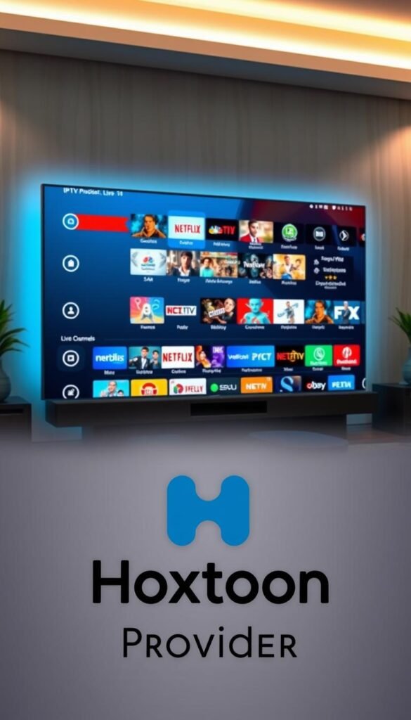 A modern smart TV displaying a sleek IPTV interface, showcasing a vast array of live channels and on-demand content. The screen is illuminated by a soft, cinematic lighting, casting a warm glow across the room. In the foreground, the Hoxtoon Provider logo stands prominently, signifying the revolutionary streaming experience. The background is a tasteful blend of contemporary home decor, subtly complementing the high-tech display. The overall scene exudes a sense of effortless entertainment and technological sophistication, inviting the viewer to immerse themselves in the future of television.