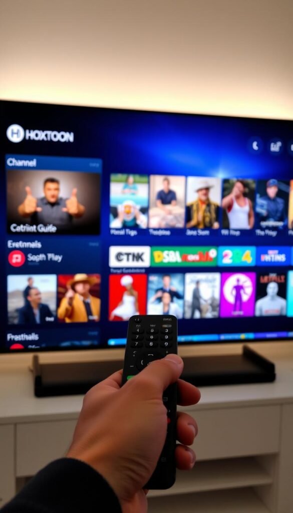 A modern smart TV interface displays a comprehensive IPTV guide, showcasing the extensive Hoxtoon Provider channel lineup. Sleek icons and intuitive menus allow seamless navigation, with vibrant thumbnails highlighting the diverse content options. The screen is bathed in a soft, ambient glow, creating a welcoming and immersive viewing experience. In the foreground, a hand-held remote control sits poised, ready to effortlessly control this powerful IPTV system. The overall scene conveys the ease and convenience of setting up Hoxtoon Provider on a smart TV, inviting the viewer to explore the boundless entertainment at their fingertips.
