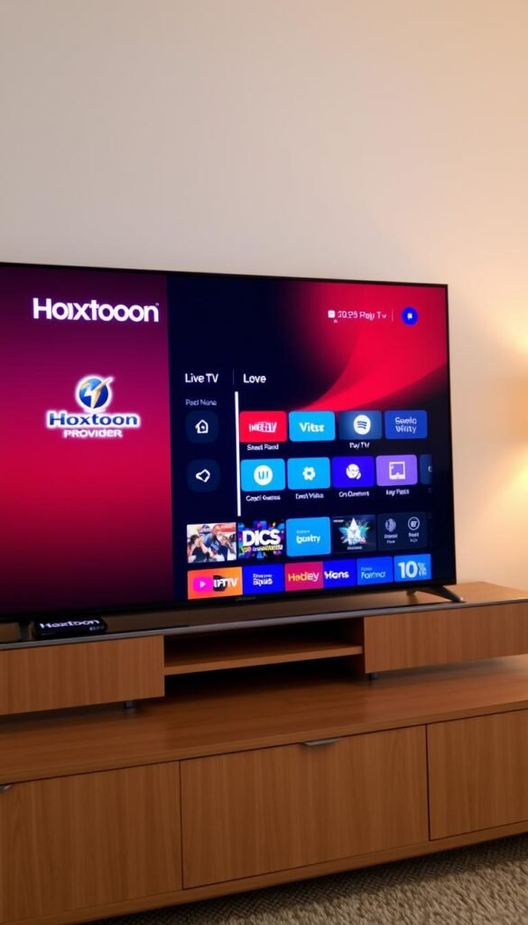 A modern smart TV screen displays the user interface of the Hoxtoon Provider IPTV service. In the foreground, the Hoxtoon logo and branding are prominently featured, conveying a sense of professionalism and reliability. The middle ground showcases the service's main menu, with clear and intuitive navigation options for live TV, on-demand content, and catch-up features. The background depicts a warm, minimalist living room setting, suggesting a comfortable and seamless home entertainment experience. The lighting is soft and natural, creating a welcoming atmosphere. The camera angle is slightly elevated, providing a clean and uncluttered view of the TV and its interface. Overall, the image communicates the user-friendly and premium quality of the Hoxtoon Provider IPTV service.