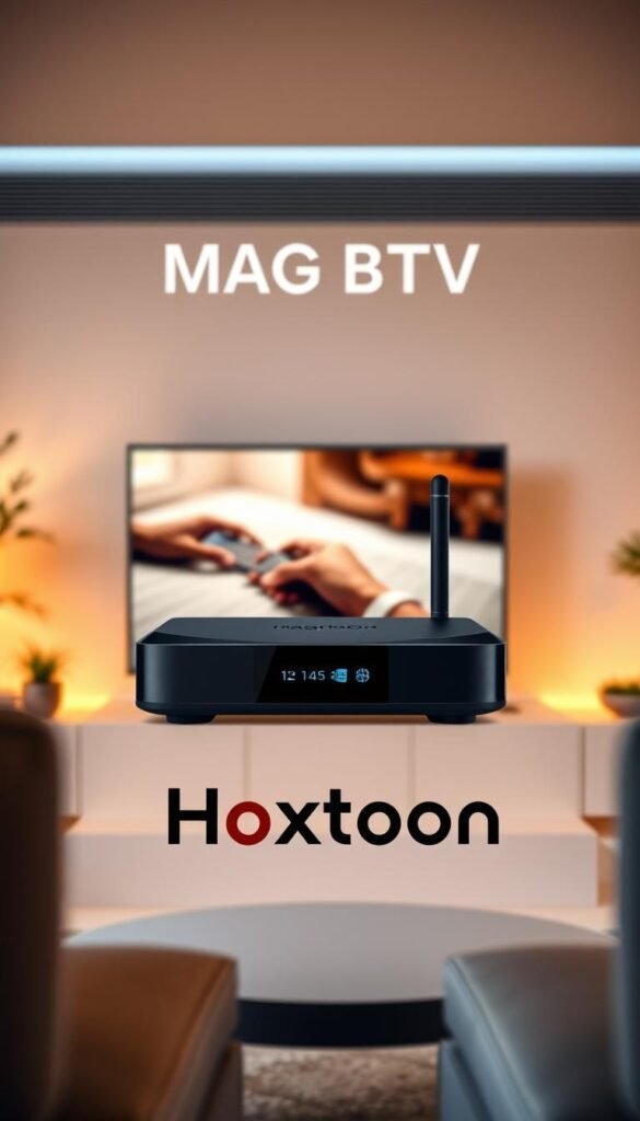 A modern smart TV set-up with a sleek Mag Box IPTV device prominently displayed, seamlessly integrated with the Hoxtoon Provider service. The Mag Box is rendered in a high-resolution, photorealistic style, showcasing its premium design and advanced features. The scene is illuminated by warm, diffused lighting, creating a cozy and inviting atmosphere. The background features a minimalist interior with clean lines and neutral tones, allowing the Mag Box to take center stage. The overall composition conveys the effortless integration and superior performance of the Mag Box IPTV service within the Hoxtoon Provider ecosystem.