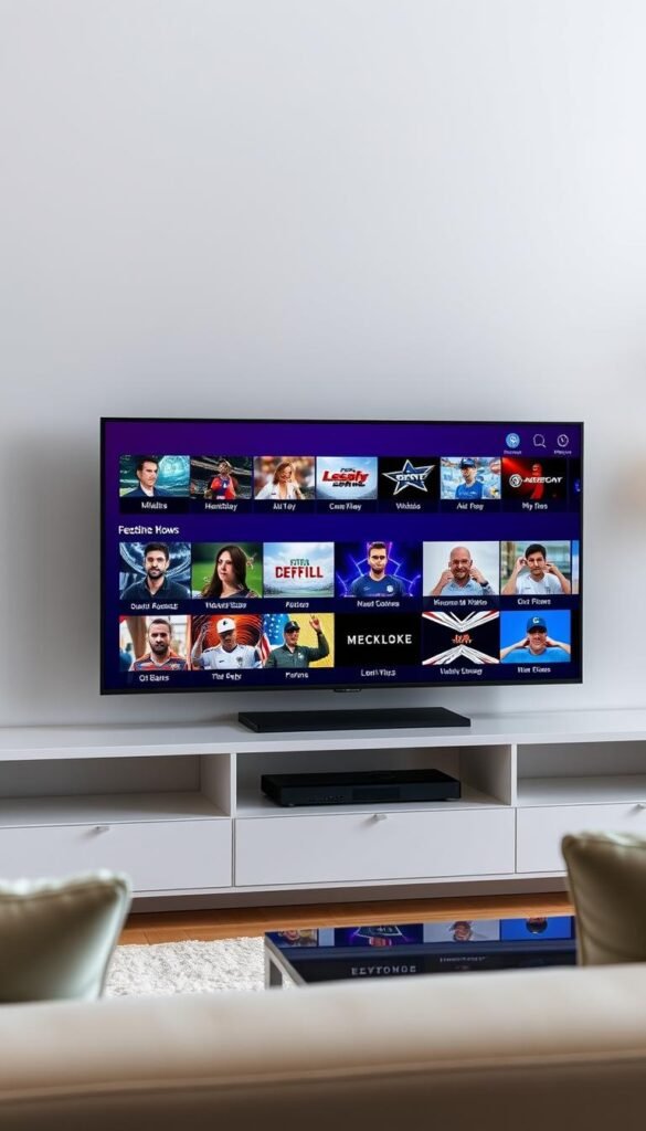 A modern smart TV setup displaying the Hoxtoon Provider interface, showcasing its sleek and intuitive design. The screen shows a diverse selection of live TV channels, with vibrant colors and crisp, high-definition visuals. The TV is positioned in a well-lit, minimalist living room setting, creating a cozy and inviting atmosphere. The scene conveys the ease and convenience of accessing a vast array of IPTV sports channels through the Hoxtoon Provider platform, ready to enhance the viewer's entertainment experience.