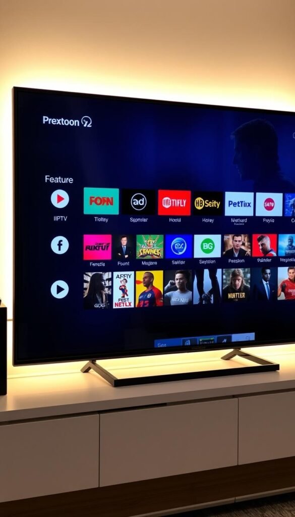 A modern, sophisticated television screen displaying a diverse array of premium IPTV channels from the Hoxtoon Provider, showcasing their advanced features and vast content library. The screen is backlit with a soft, warm glow, creating a premium, luxurious atmosphere. The channels are neatly organized, with clear icons and labels, making navigation intuitive. The overall composition is sleek, minimalist, and visually striking, highlighting the advanced technology and premium offerings of the Hoxtoon IPTV service.