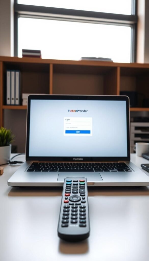 A modern, step-by-step setup guide for the Hoxtoon Provider IPTV service. A clean, well-organized desk with a laptop and remote control prominently displayed. The laptop screen shows the Hoxtoon Provider login page, while the remote control is positioned next to it. Bright, natural lighting illuminates the scene, creating a crisp, professional atmosphere. The overall composition conveys a sense of clarity and ease-of-use for the IPTV installation process.