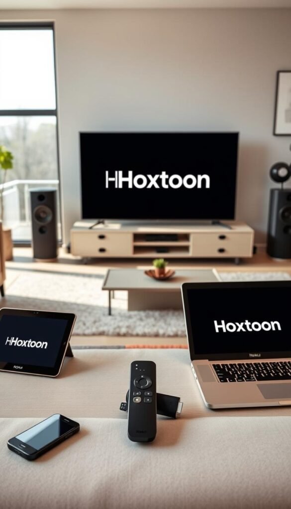 A modern tech-savvy living room with a variety of smart devices seamlessly connected and displaying the Hoxtoon Provider logo. In the foreground, a sleek Roku TV takes center stage, surrounded by a tablet, smartphone, and laptop, all in harmonious arrangement. The middle ground features a minimalist entertainment system with clean lines and a subtle color palette. In the background, large windows flood the space with natural light, creating a warm and inviting atmosphere. The overall scene conveys the ease and versatility of the Hoxtoon Provider platform, capable of delivering a seamless viewing experience across multiple devices.