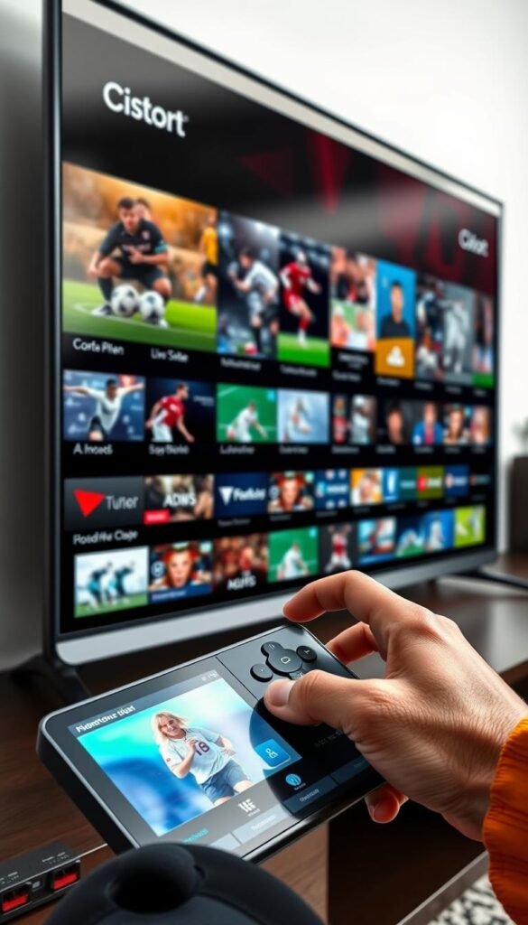 A modern, user-friendly IPTV platform with a sleek, intuitive interface showcasing a diverse array of live sports channels. The scene features a large, high-definition screen displaying a variety of sports content, framed by a minimalist, brushed-metal design. In the foreground, a hand interacts with a responsive touchscreen controller, seamlessly navigating the Hoxtoon Provider's intuitive menu system. The lighting is clean and natural, highlighting the premium quality of the hardware and software. The overall atmosphere conveys a sense of immersion and effortless accessibility, reflecting the platform's commitment to delivering the ultimate sports viewing experience.