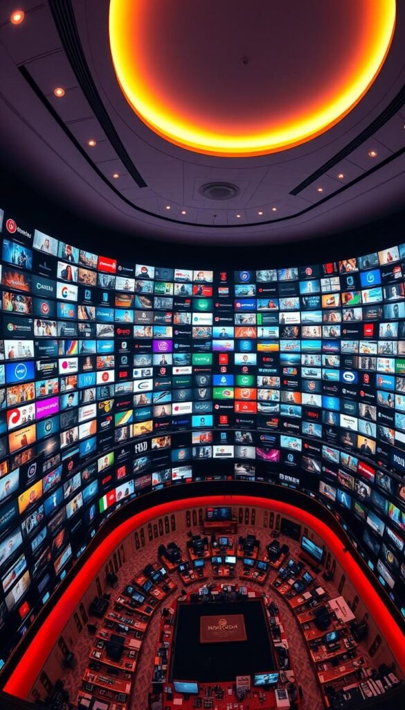 A modern, vibrant Arabic IPTV service with a vast, diverse content library. A expansive panoramic view showcasing the sheer scale and breadth of the Hoxtoon Provider's offering - thousands of channels spanning news, entertainment, sports, and more, complemented by a vast video-on-demand catalog. The scene is bathed in warm, saturated lighting, drawing the viewer's eye across the comprehensive channel grid. The overall impression is one of unparalleled content abundance and choice, reflecting the power and capabilities of the Hoxtoon Provider platform.