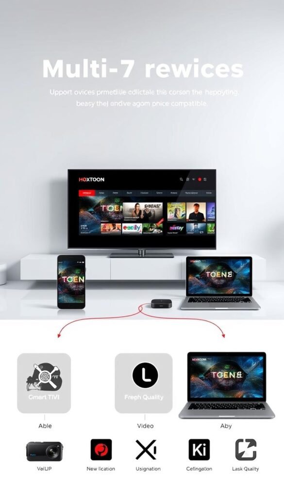 A modern, visually striking illustration of multi-device compatibility for the Hoxtoon Provider IPTV service. Set against a sleek, minimalist background, an array of contemporary electronic devices - a smart TV, tablet, smartphone, and laptop - are elegantly arranged, each seamlessly streaming high-quality video content. Vibrant, saturated colors and clean, sharp lines convey a sense of technological sophistication and user-friendly accessibility. Subtle lighting and reflections add depth and a touch of premium elegance, while the harmonious composition highlights the seamless integration of the Hoxtoon Provider platform across a range of devices.