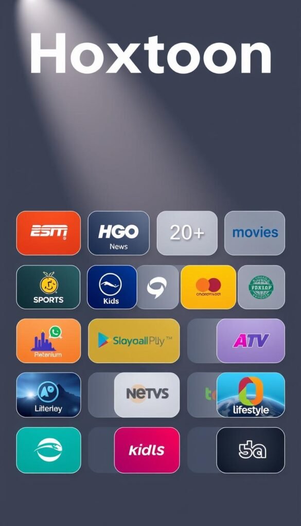 A modern, visually striking illustration showcasing the diverse channel categories available on the Hoxtoon Provider IPTV service. Set against a clean, minimalist background, a series of sleek, high-definition icons representing different genres and content types - sports, movies, news, kids, lifestyle, and more - are elegantly arranged in a grid-like layout, conveying the breadth and depth of Hoxtoon's programming. Soft, directional lighting from the upper left casts a subtle, ambient glow, enhancing the premium, premium feel. The overall composition is balanced, visually harmonious, and designed to clearly communicate Hoxtoon's robust channel offerings at a glance.
