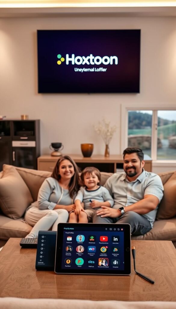 A modern, well-appointed living room with a large TV screen displaying the Hoxtoon Provider logo and interface. In the foreground, a family of three - a mother, father, and young child - sit comfortably on a plush sofa, their faces lit by the glow of the screen, expressions of delight and satisfaction. The middle ground features a coffee table with a remote control and a tablet displaying Hoxtoon's user-friendly menu. The background depicts a cozy, well-lit space with tasteful decor and large windows overlooking a scenic outdoor landscape. The overall atmosphere conveys a sense of domestic tranquility and the seamless integration of premium IPTV technology into the modern home.
