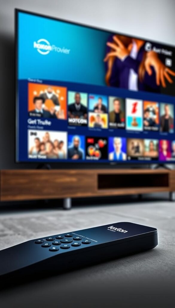 A modern, well-designed IPTV user interface with a clean layout showcasing the "Hoxtoon Provider" brand. In the foreground, a sleek remote control and a streaming device like a set-top box or dongle. The middle ground features a large widescreen TV displaying a variety of catch-up TV content, with a clean grid-based UI and vibrant colors. The background has a subtle gradient or texture, creating a sense of depth and high-end sophistication. The overall scene conveys an affordable, accessible, and user-friendly IPTV experience tailored for the American market.