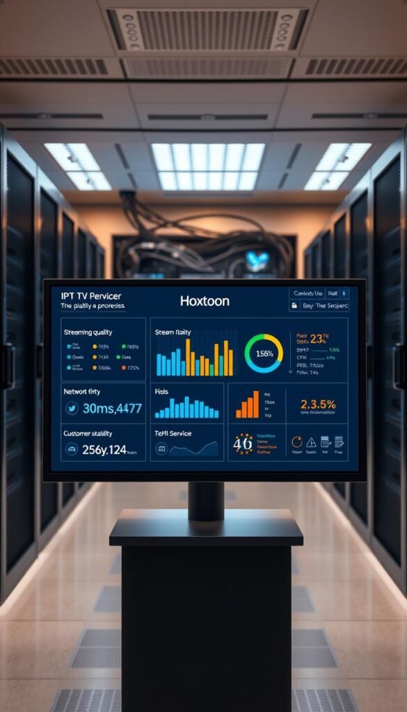 A modern, well-designed control panel interface for the Hoxtoon Provider IPTV service, displaying real-time statistics on streaming quality, network stability, and customer satisfaction. The panel is illuminated by a soft, warm lighting that creates a professional and trustworthy atmosphere. In the background, a sleek datacenter with server racks and a complex network of cables, representing the reliable infrastructure powering the Hoxtoon streaming service. The overall scene conveys a sense of technological sophistication, attention to detail, and a commitment to delivering a seamless and dependable IPTV experience to users.